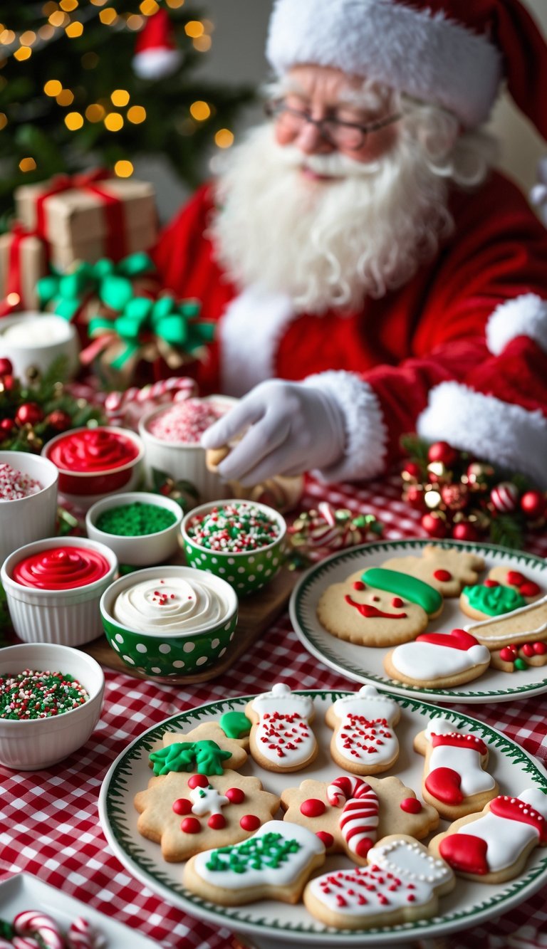 A table set up with Santa Claus and baby-themed cookies and decorating supplies for a festive baby shower.