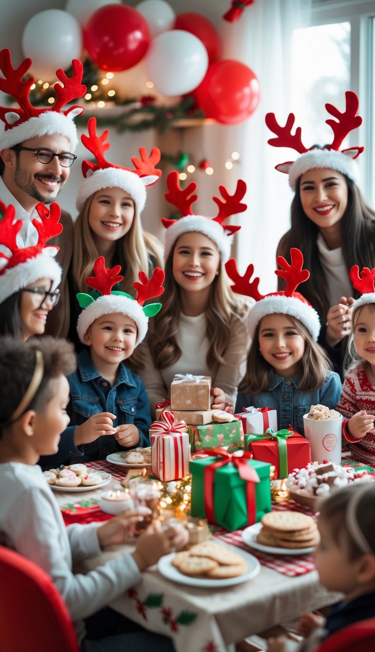 A group of people wearing reindeer antler headbands celebrating a baby shower with Christmas decorations indoors.
