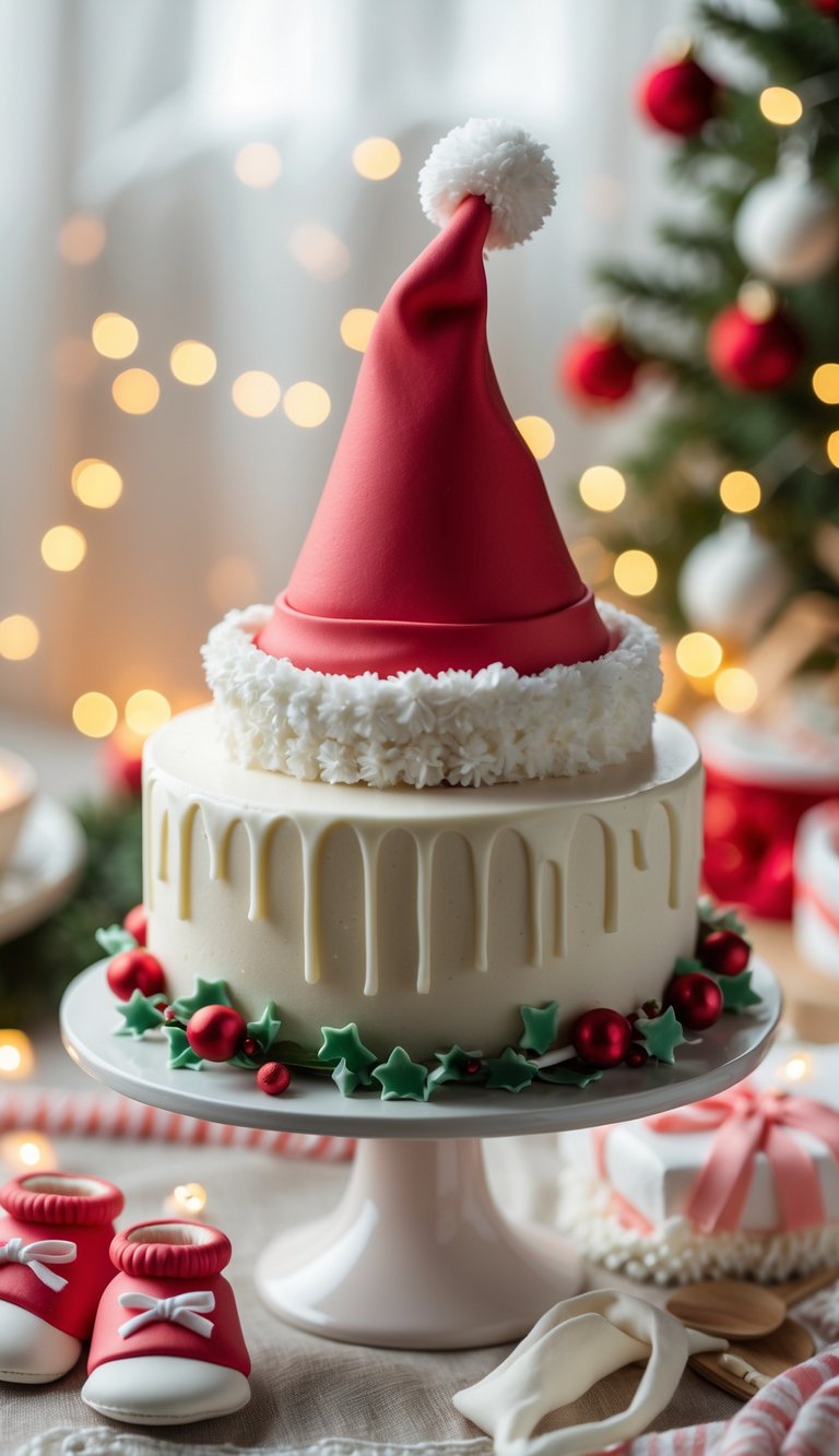 A decorated cake with a small Santa hat topper surrounded by baby shower decorations and festive lights.