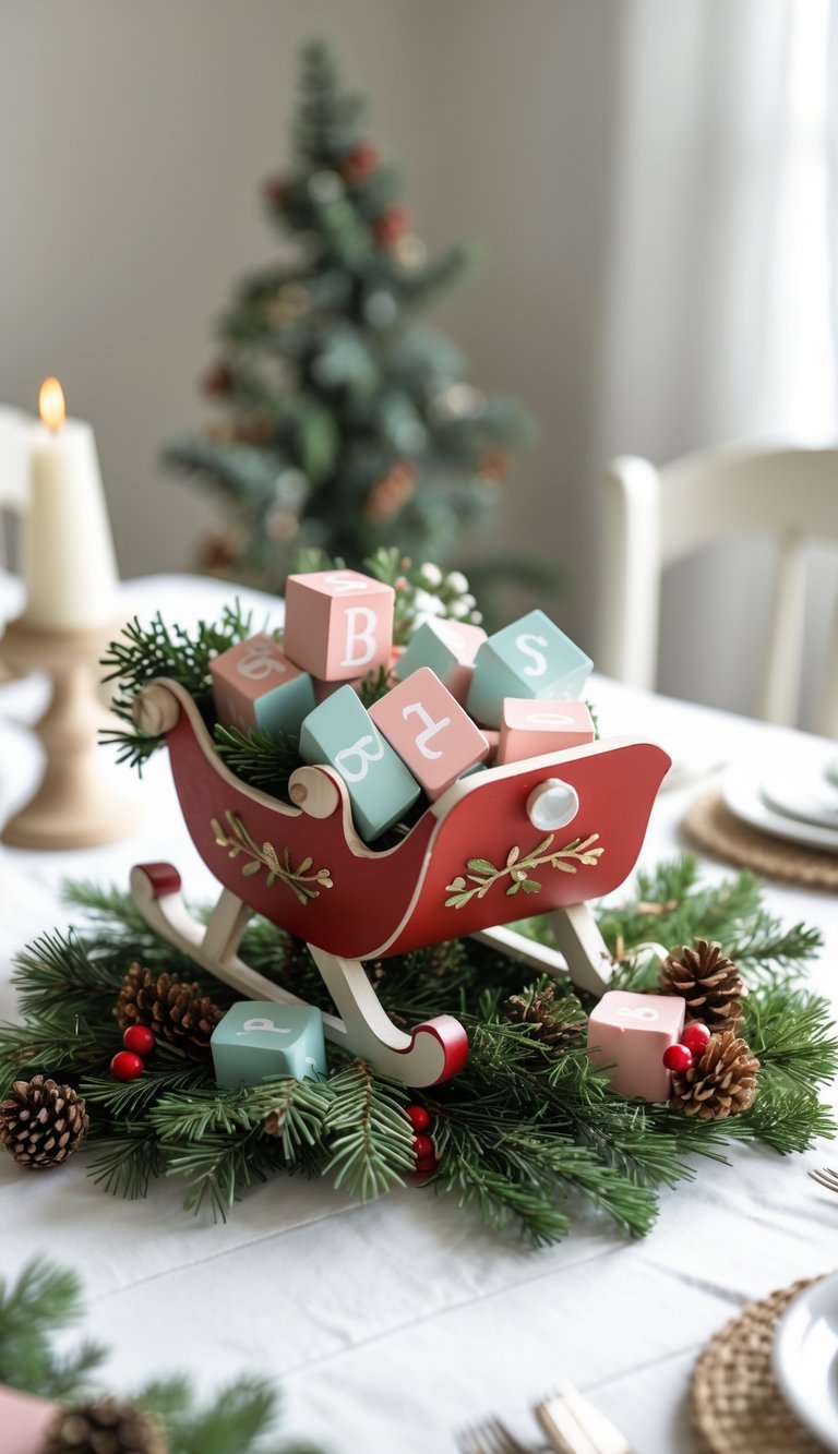 A miniature red and white sleigh filled with pastel baby blocks on a white table, decorated with pine branches, pinecones, and red berries.