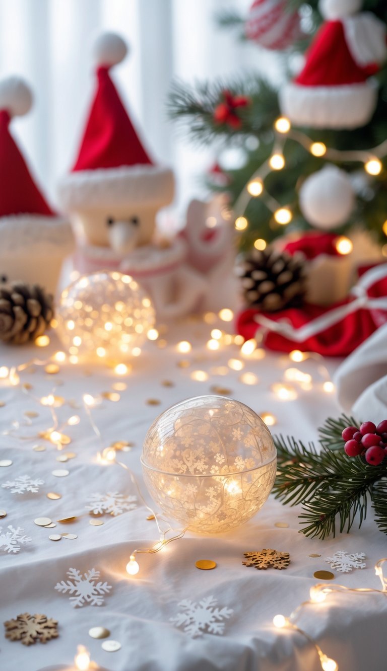 A festive baby shower table decorated with snowflake confetti and warm fairy lights, featuring small Santa hats and holiday decorations.