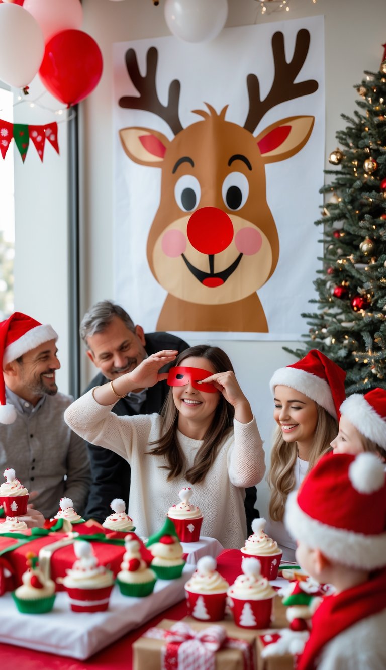 People playing a Christmas-themed game with a Rudolph poster at a festive baby shower decorated with balloons and holiday decorations.