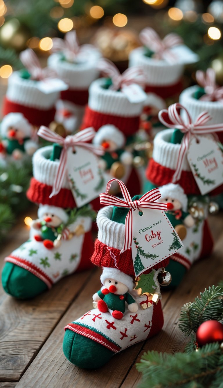 A collection of small Christmas stockings decorated with baby-themed elements and personalized tags arranged on a wooden table with holiday decorations around them.