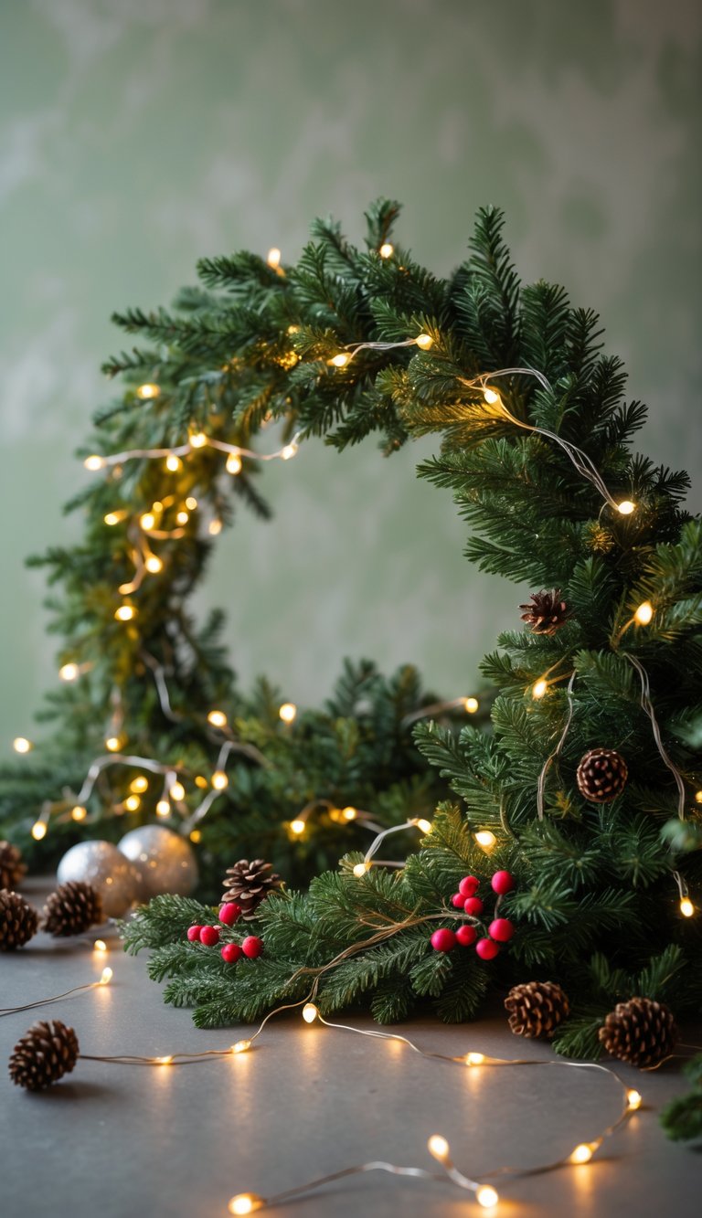 A greenery wreath decorated with twinkling lights and small festive ornaments on a blurred background.