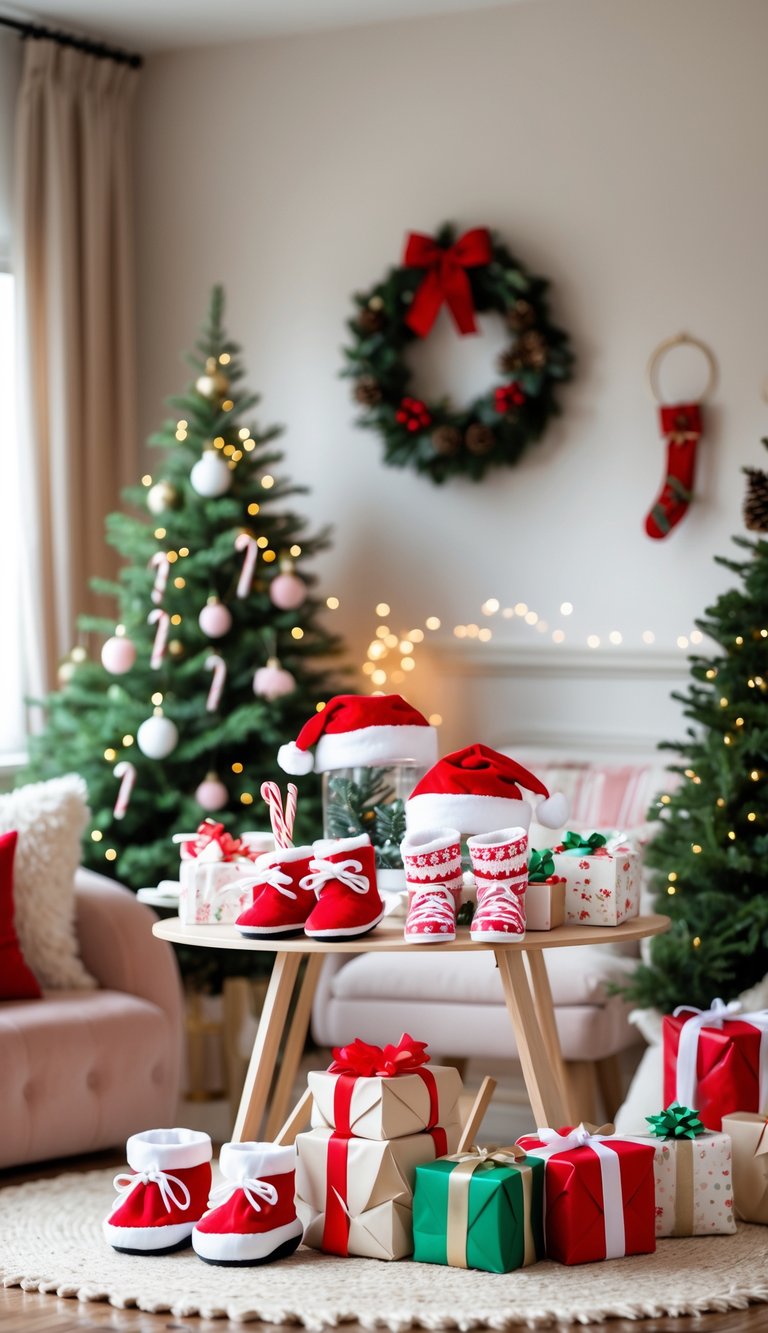 A festive baby shower setup with Christmas decorations including Santa hats, baby booties, wrapped gifts, fairy lights, and holiday accents in a cozy indoor setting.