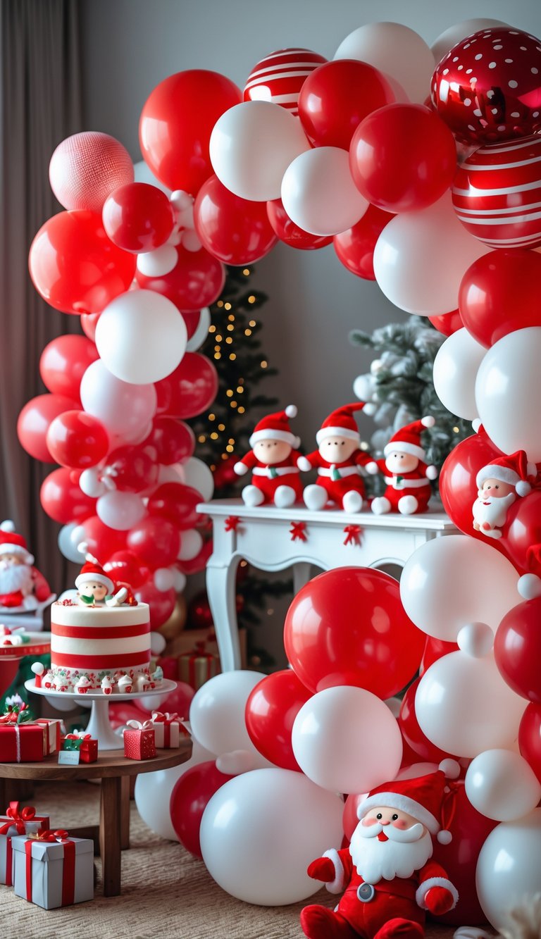 A festive baby shower setup featuring a red and white balloon garland decorated with Santa-themed baby items and gifts.