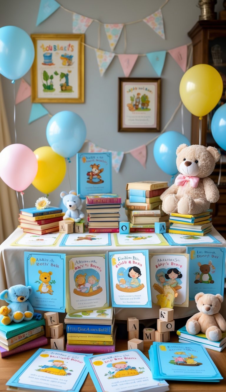 A baby shower table decorated with colorful book-themed invitations, children's books, balloons, and plush toys in a cozy room.