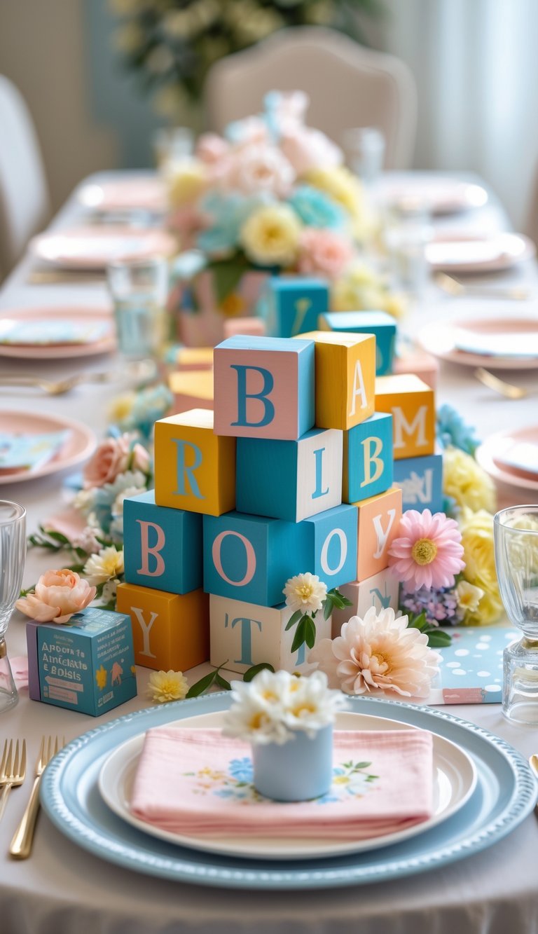 A baby shower table with colorful alphabet blocks arranged as centerpieces surrounded by book-themed decorations and pastel-colored flowers.