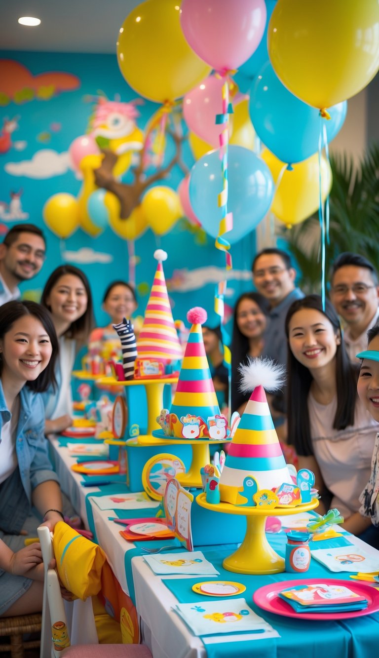 A colorful baby shower setup with playful decorations inspired by storybook characters and cheerful guests celebrating indoors.