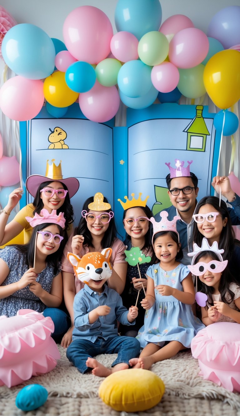 A colorful baby shower photo booth with storybook-themed decorations and guests posing with playful props like crowns, masks, and plush animals.