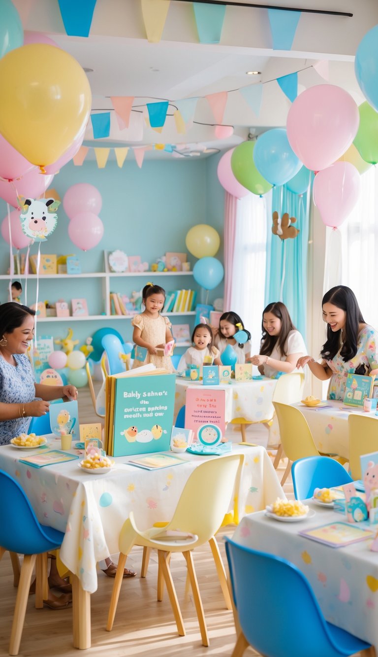 A colorful baby shower room with multiple game tables decorated with nursery rhyme and storybook themes, featuring balloons, props, and guests enjoying the activities.