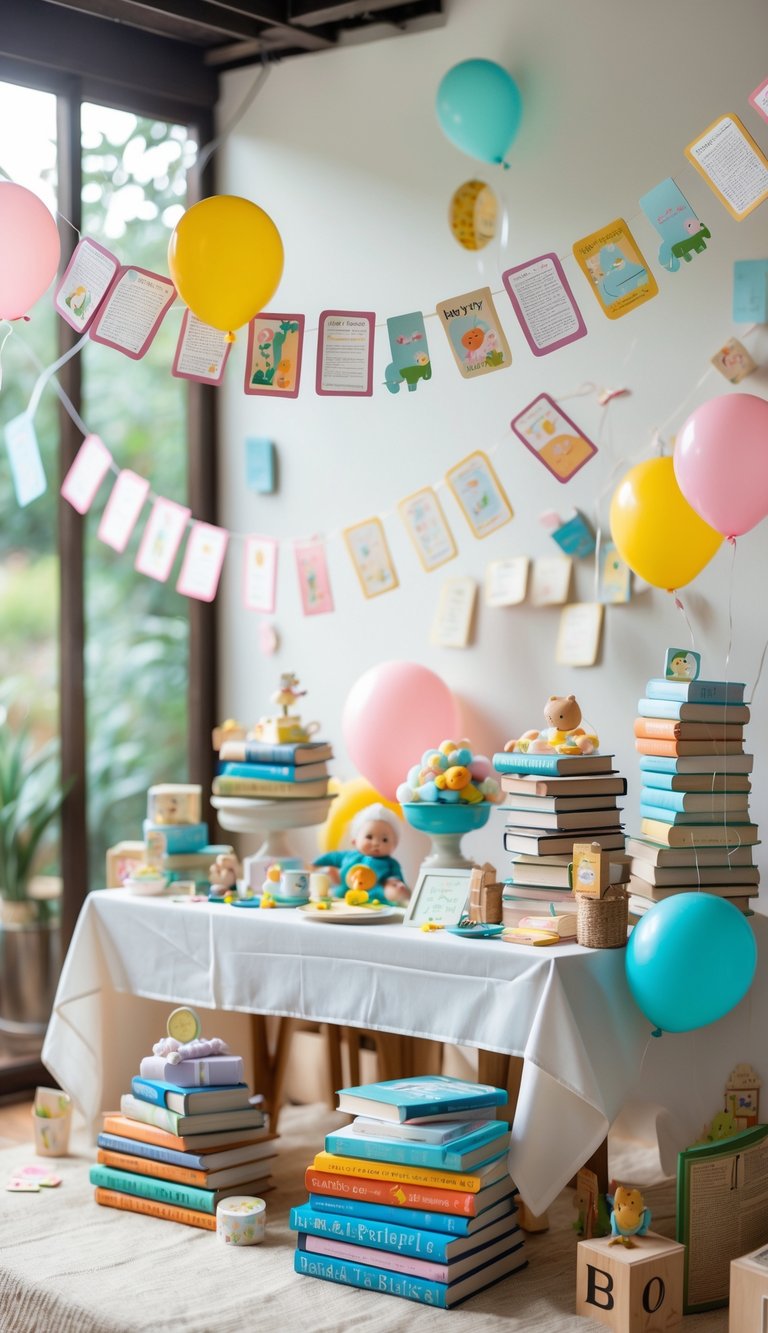 A baby shower decorated with book-themed decorations including banners made of book cutouts, stacks of children's books, pastel balloons, and baby-related centerpieces on a table.