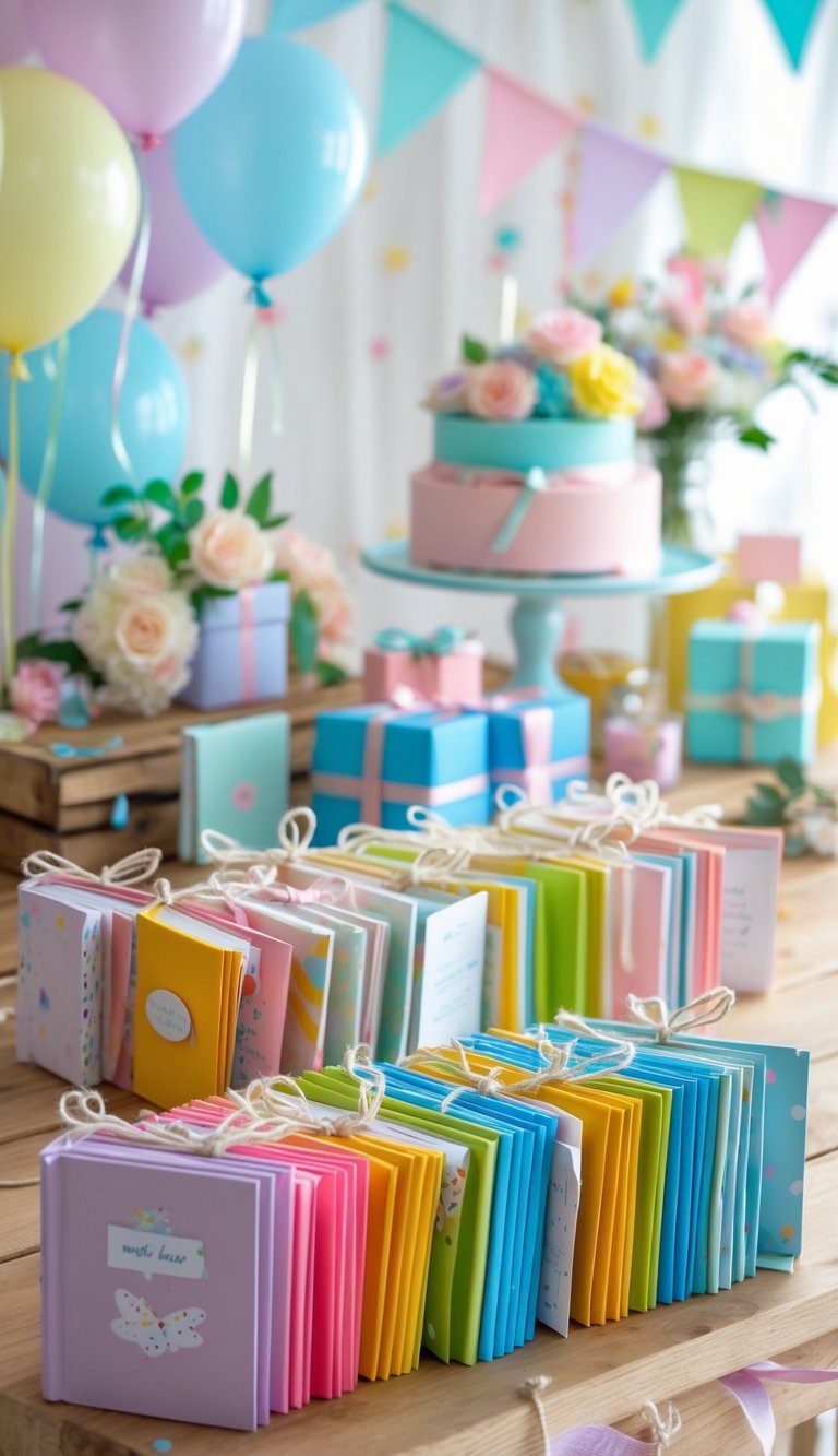 A table with colorful DIY mini books arranged as baby shower favors surrounded by pastel decorations and balloons.