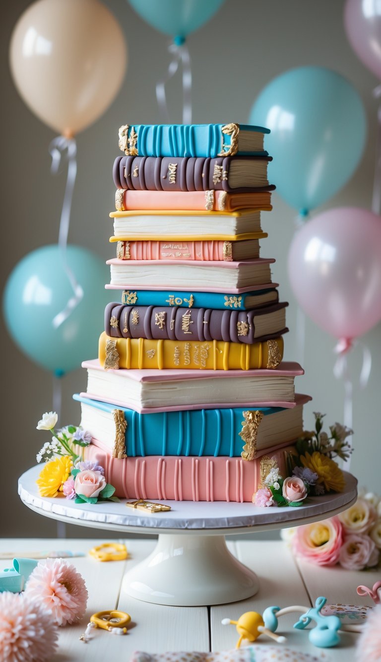 A multi-tiered cake designed to look like stacked colorful book spines, surrounded by baby shower decorations on a wooden table.