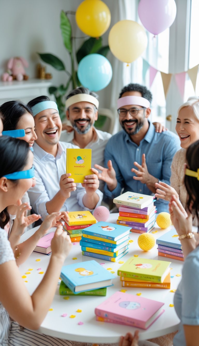 A group of adults playing a blindfolded book guessing game at a decorated baby shower table.