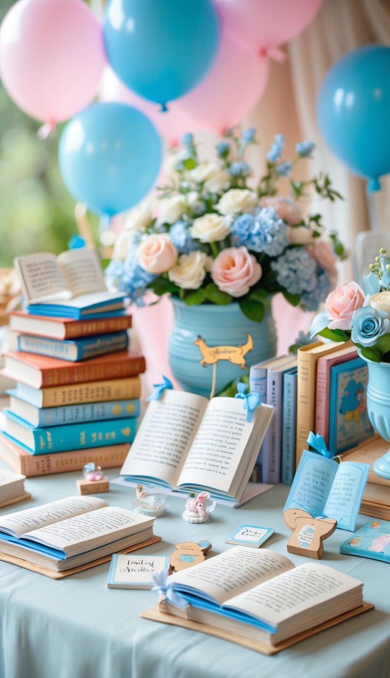 A baby shower table decorated with custom book plates, children's books, floral arrangements, and baby-themed decorations.