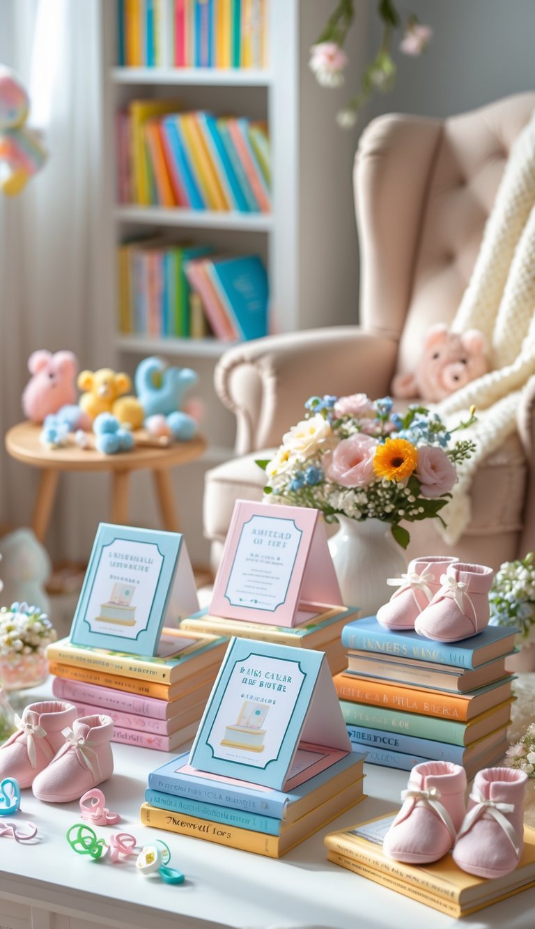 A cozy baby shower setup with baby shower invitations styled like book covers, surrounded by children's books, baby items, and floral decorations on a decorated table.