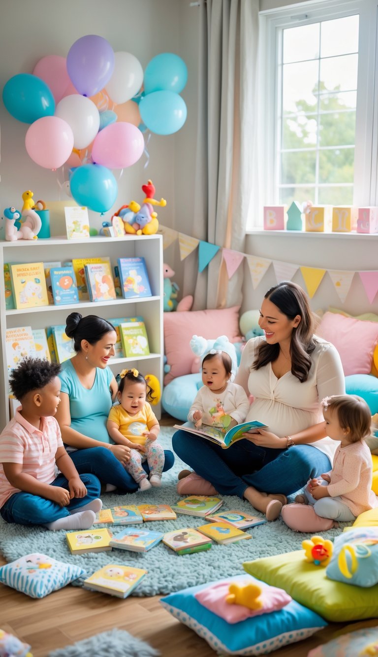 A group of adults and children sitting in a circle reading children's books at a baby shower decorated with balloons and baby-themed items.
