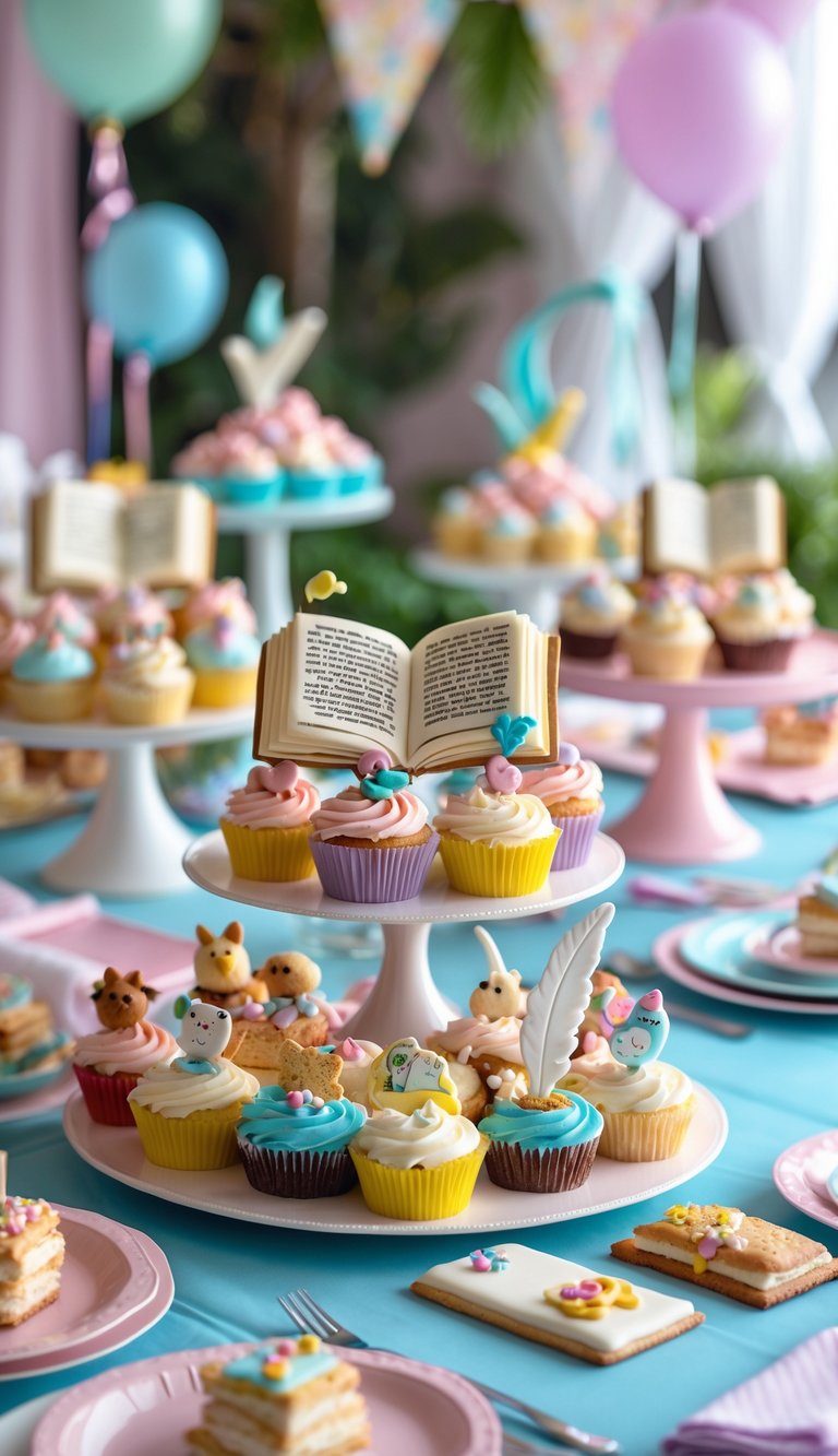 A baby shower table with colorful book-themed cupcakes, cookies, and decorations, surrounded by pastel plates and flowers.