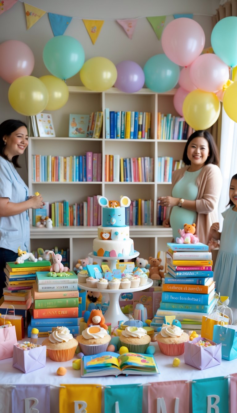 A baby shower with decorations and a table filled with children's books, toys, and treats celebrating a book-themed gift registry.