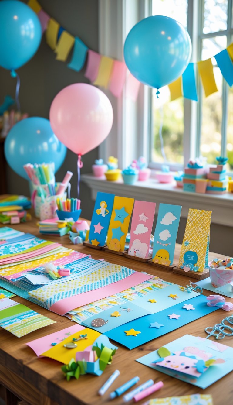 A crafting table with materials and handmade bookmarks decorated for a baby shower with a book theme.