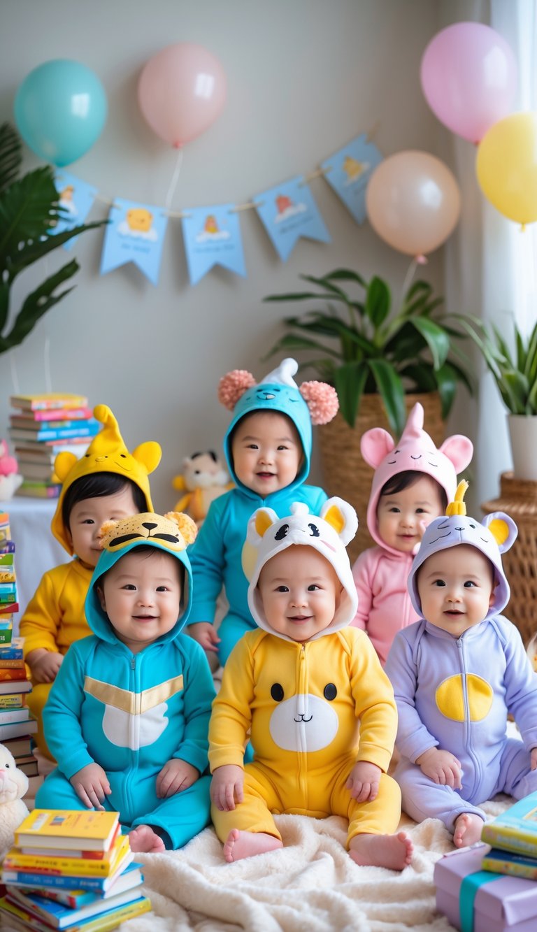 A group of babies dressed in colorful book character onesies sitting on a blanket surrounded by books, toys, and decorations at a baby shower.