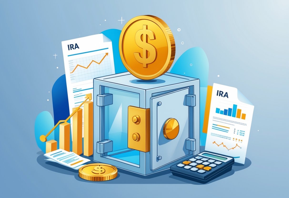 An illustration showing a gold coin on a safe with an IRA document nearby, surrounded by tax forms, charts, a calculator, and a balanced scale.