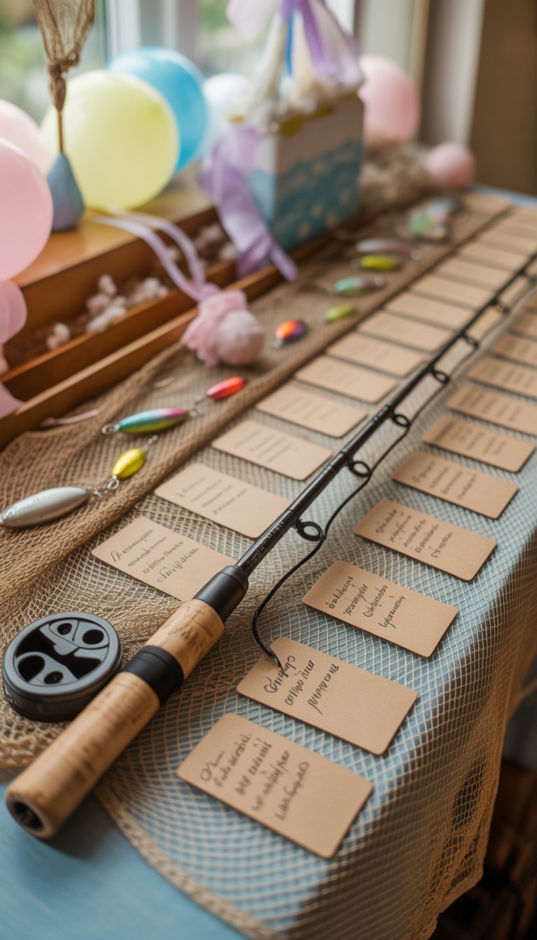 A fishing rod guestbook with handwritten notes and fishing-themed decorations on a decorated baby shower table.