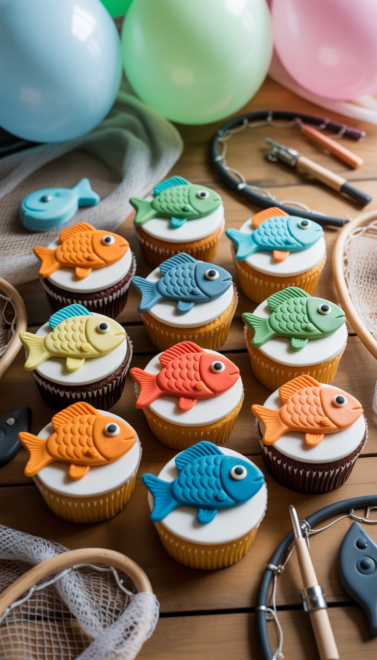 Cupcakes with colorful fish-shaped toppers arranged on a wooden table with fishing-themed baby shower decorations in the background.