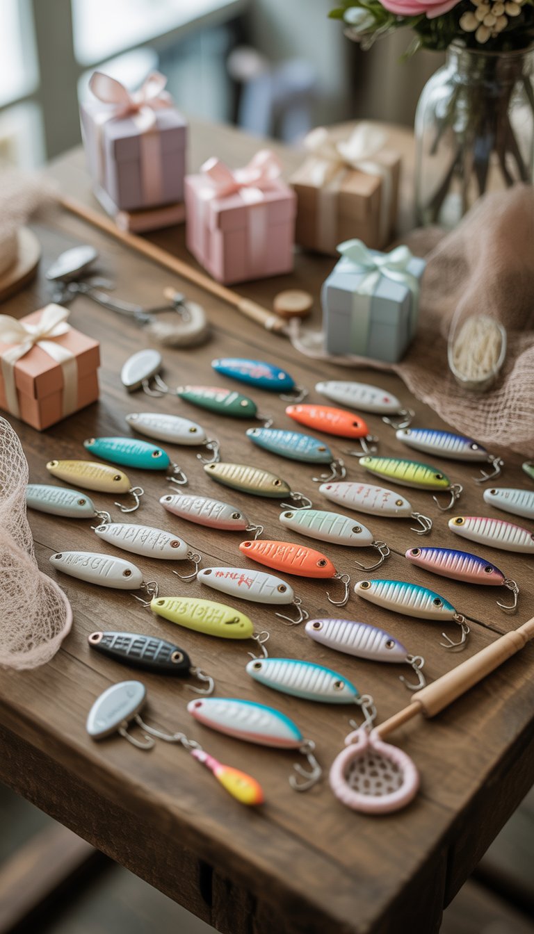 A collection of colorful fishing lure favors arranged on a wooden table with baby shower decorations around them.