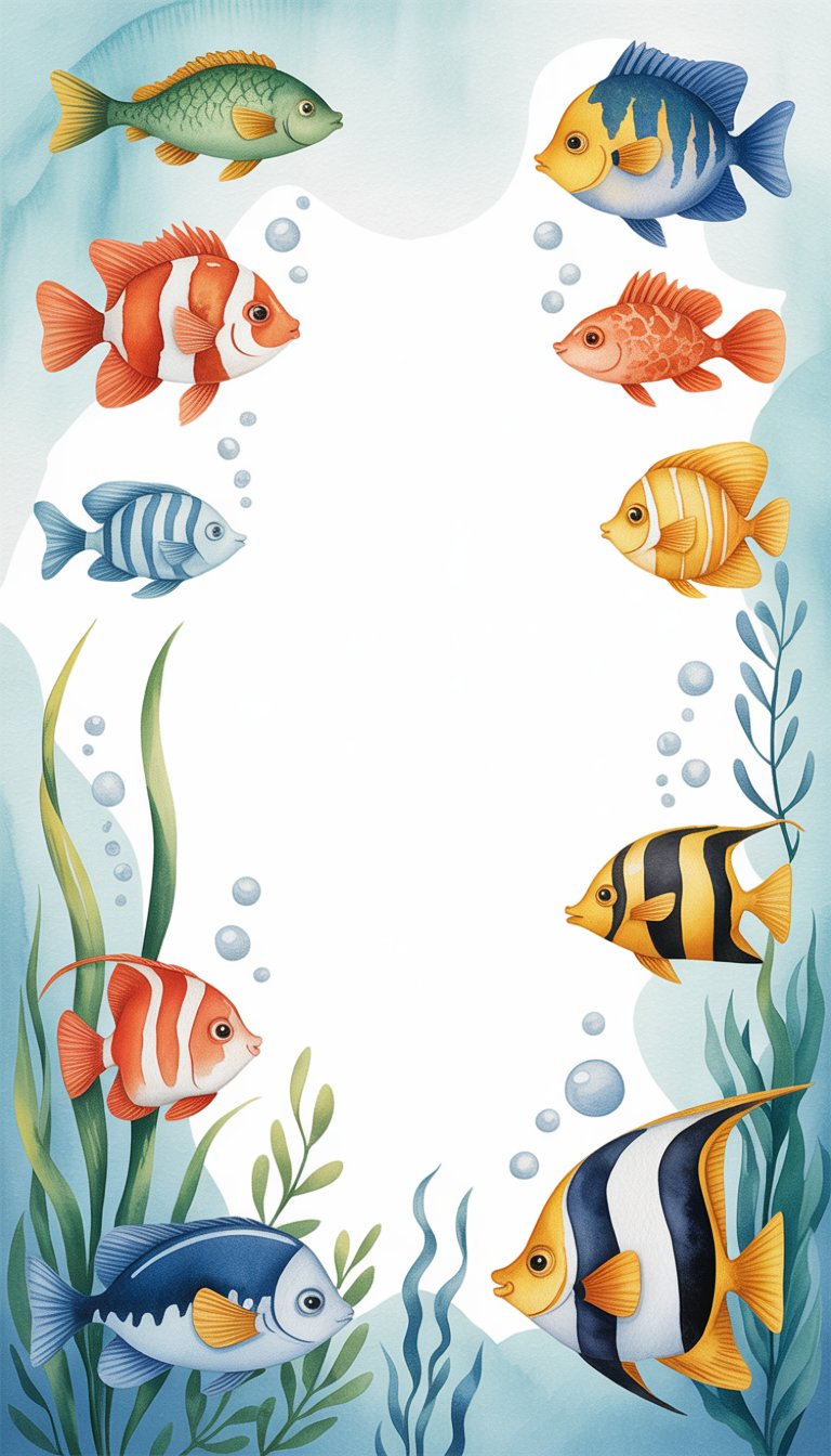 Colorful fish swimming underwater with bubbles and seaweed on a soft blue background.