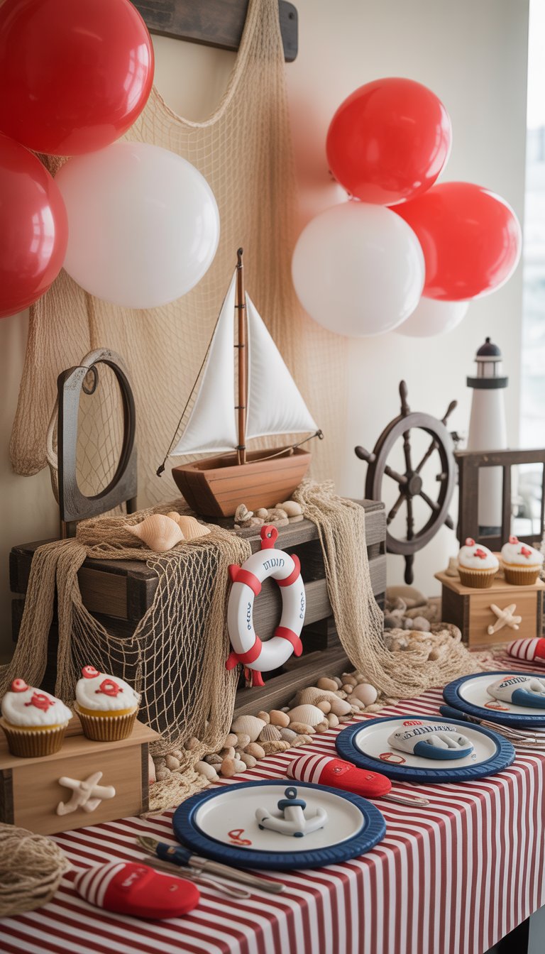 A baby shower table decorated with red and white nautical fishing-themed items, including fishing rods, anchors, life preservers, and sailboats.