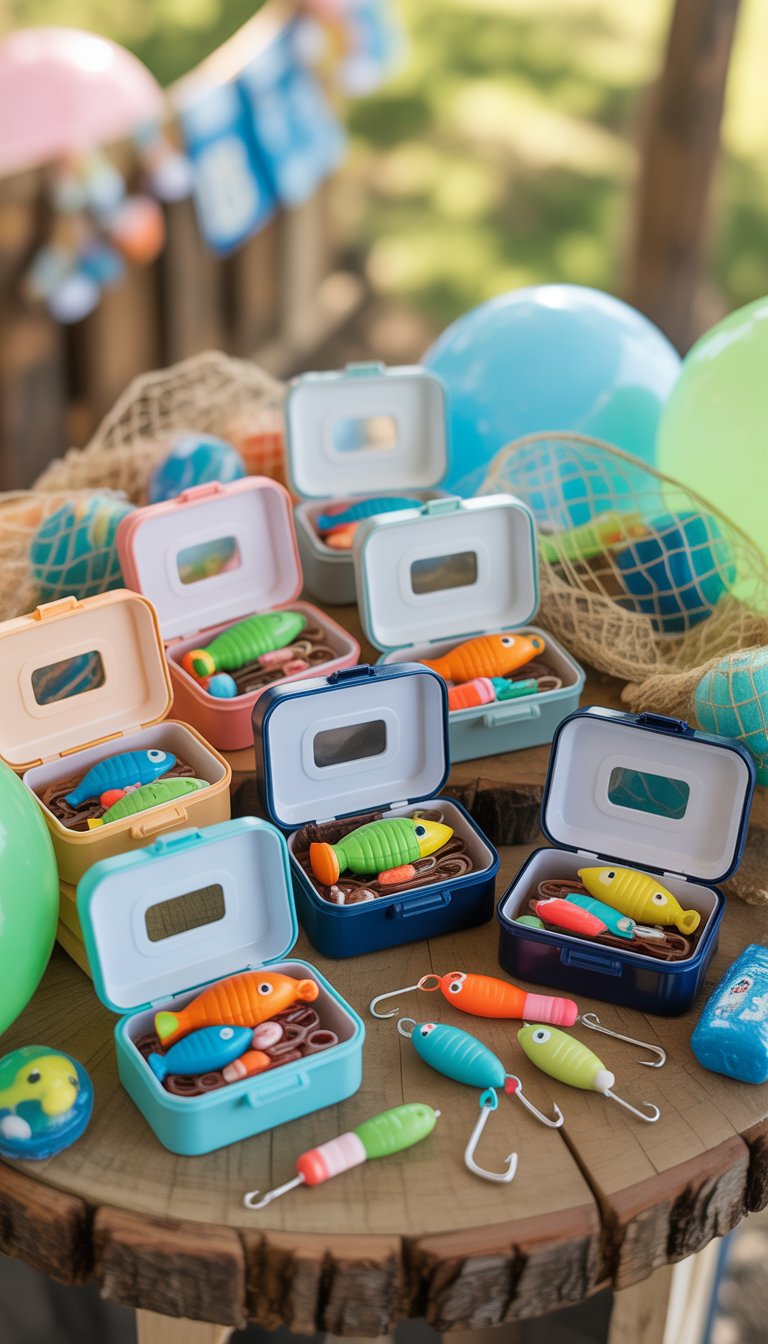 Mini tackle boxes filled with fishing-themed baby shower party favors arranged on a wooden table with balloons and decorations in the background.