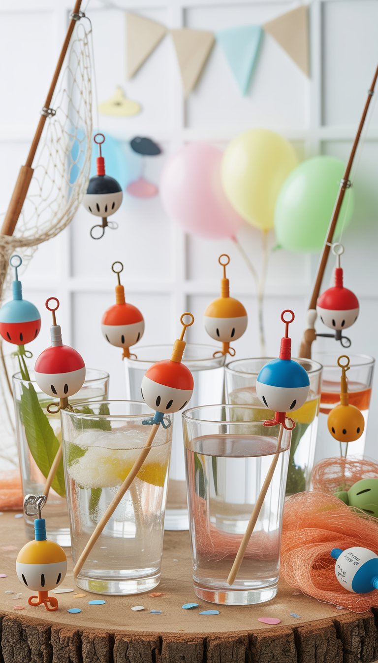 A table with colorful bobber-shaped drink markers clipped onto glasses surrounded by fishing-themed baby shower decorations.
