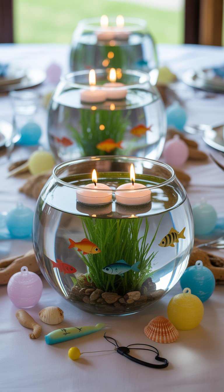 Glass fish bowl centerpieces with floating candles and small fish decorations arranged on a table for a baby shower.