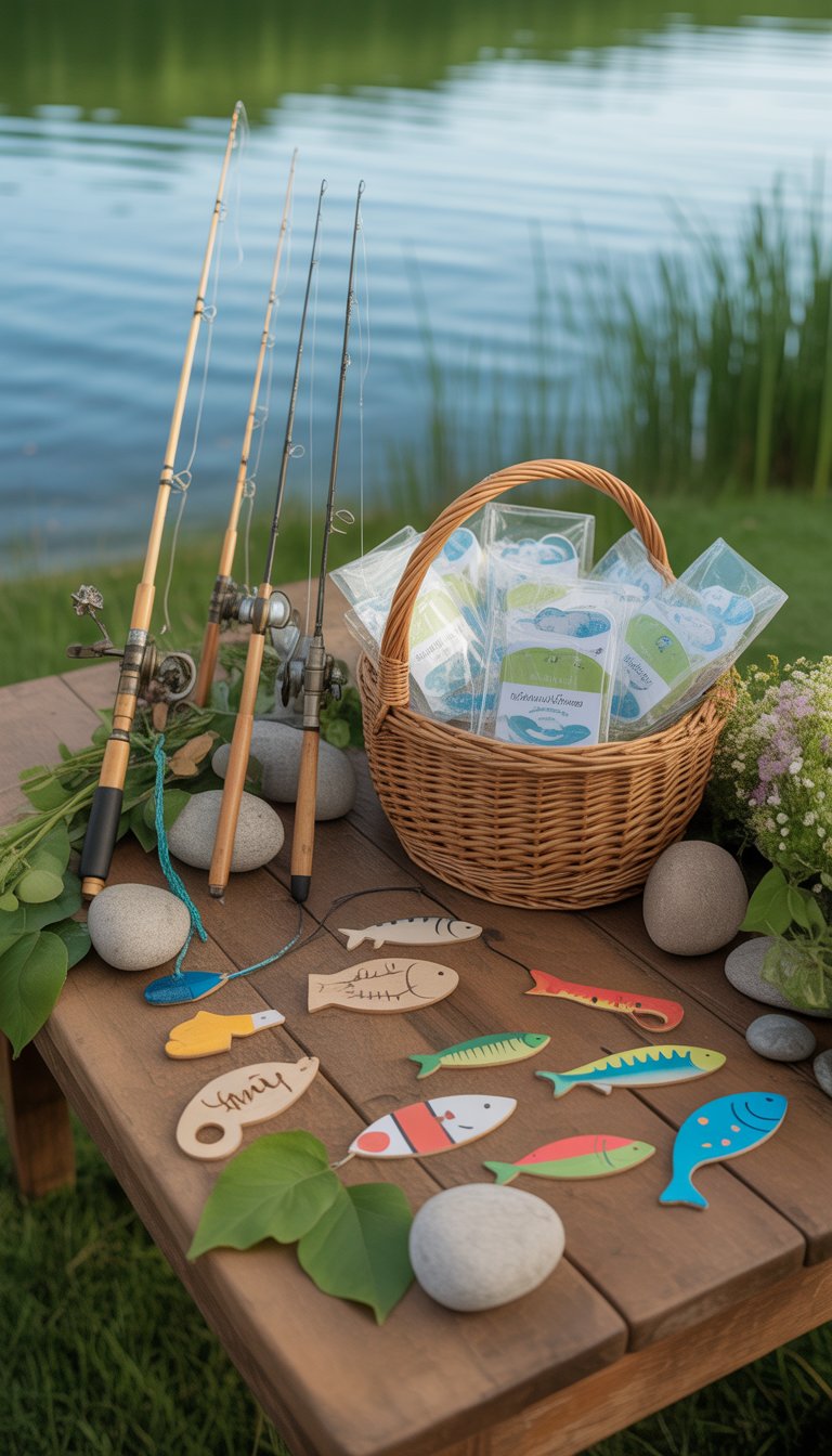 Outdoor baby shower setup with fishing-themed decorations on a wooden table near a calm lake.