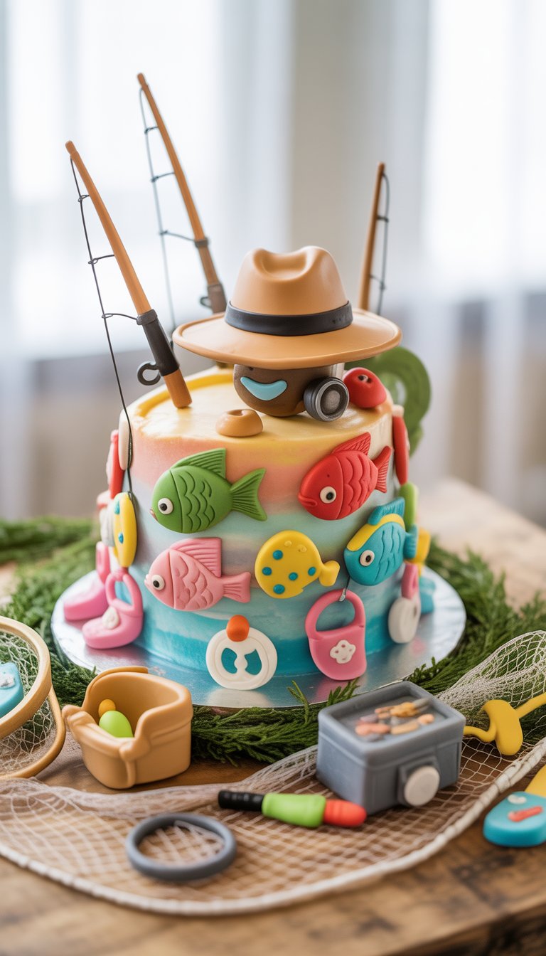 A cake decorated with fishing-themed baby shower cake toppers including fishing hats, rods, and colorful fish.