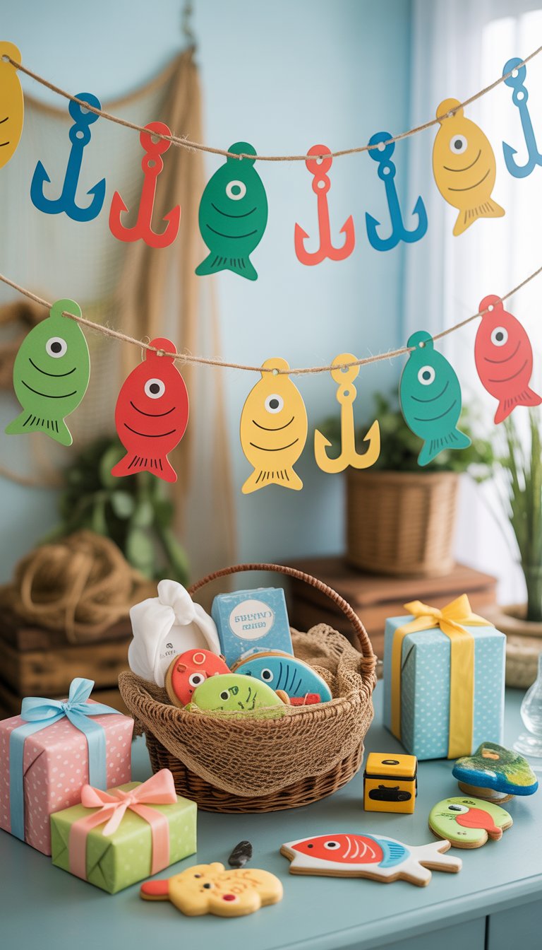 A baby shower setup decorated with fishing-themed banners featuring paper fish and hooks, a table with gifts and fishing-themed party favors, and nature-inspired decorations.