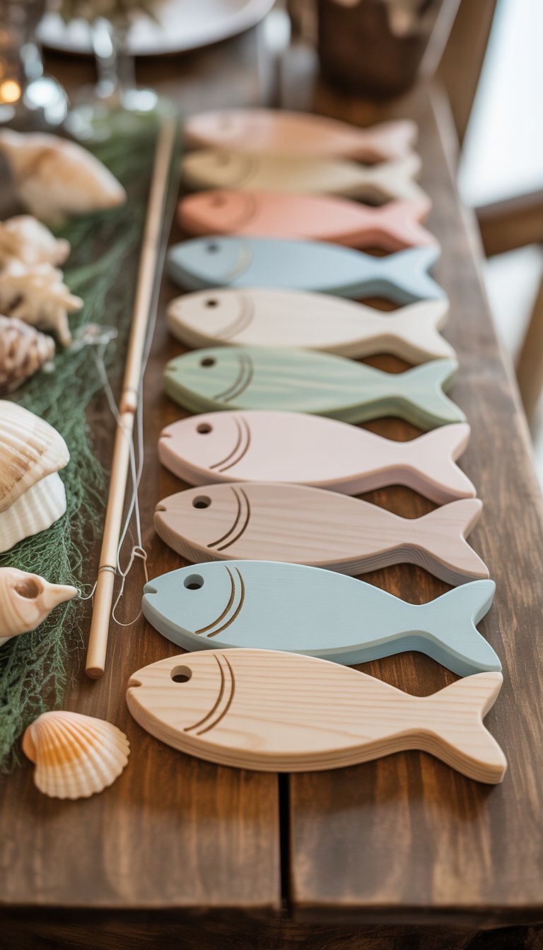 Miniature wooden fish-shaped place cards arranged on a wooden table with baby shower decorations like tiny fishing rods and seashells.