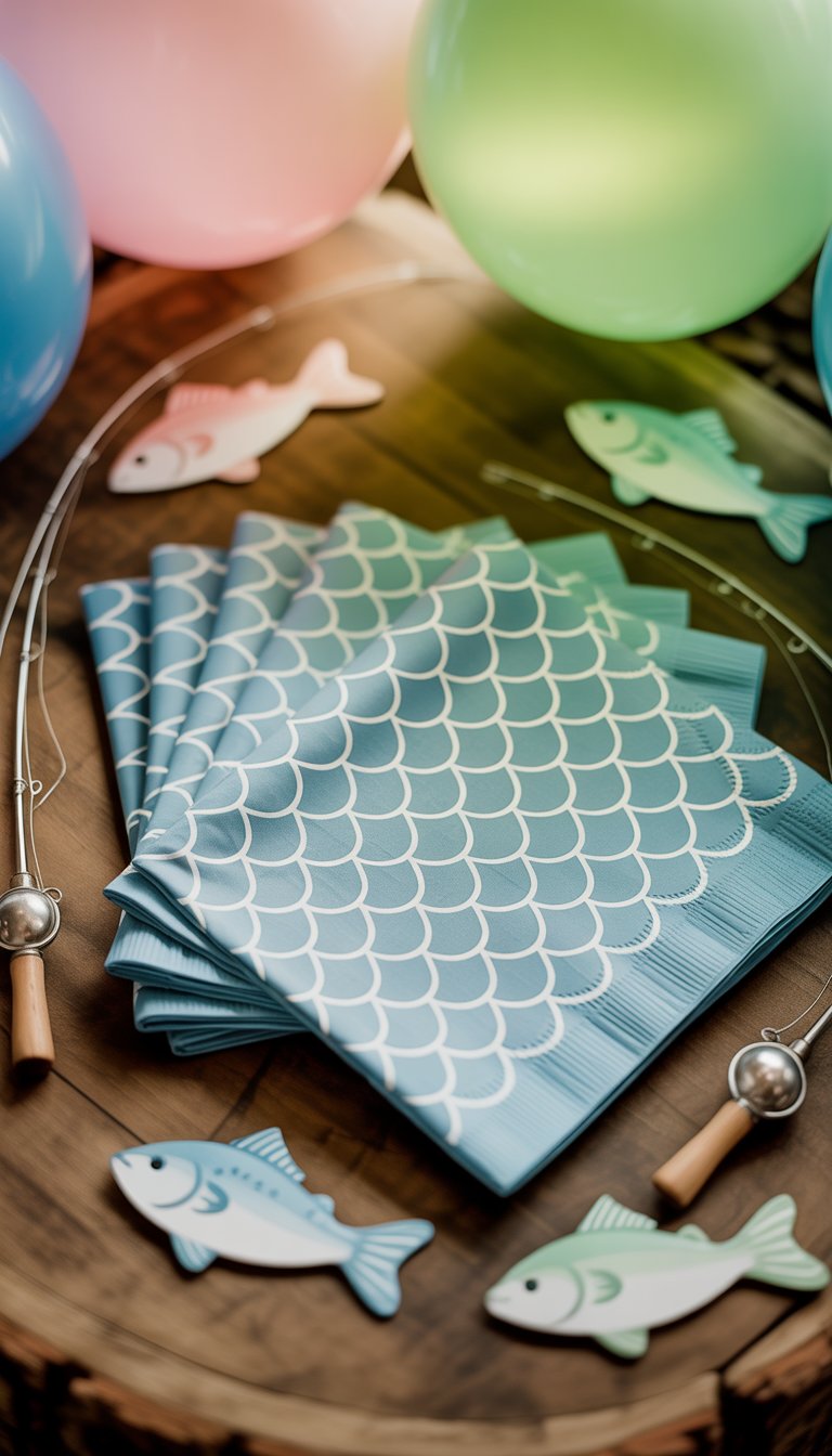 Napkins with fish scale patterns arranged on a wooden table surrounded by fishing-themed baby shower decorations.