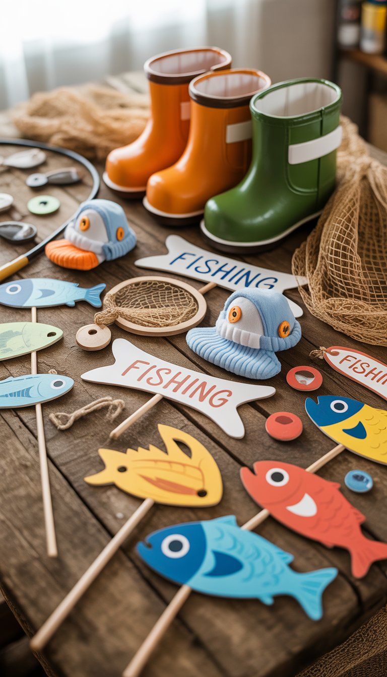 A collection of fishing-themed baby shower photo booth props arranged on a wooden table, including fishing boots, rods, fish-shaped cutouts, and baby accessories.