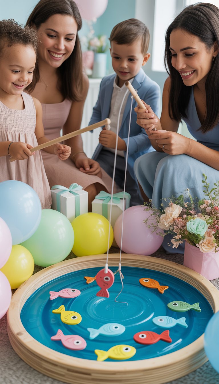 People playing a magnetic fishing game with colorful fish at a decorated baby shower.