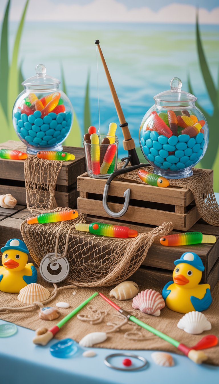 A baby shower candy station decorated with fish and bait themed candies, fishing nets, miniature fishing rods, and rustic wooden crates, all arranged on a pastel blue and green table.