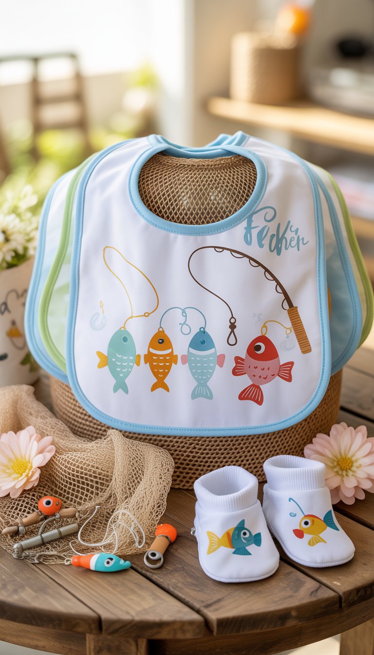 Personalized fisherman bibs for a mom-to-be displayed on a wooden table surrounded by fishing-themed baby shower decorations.