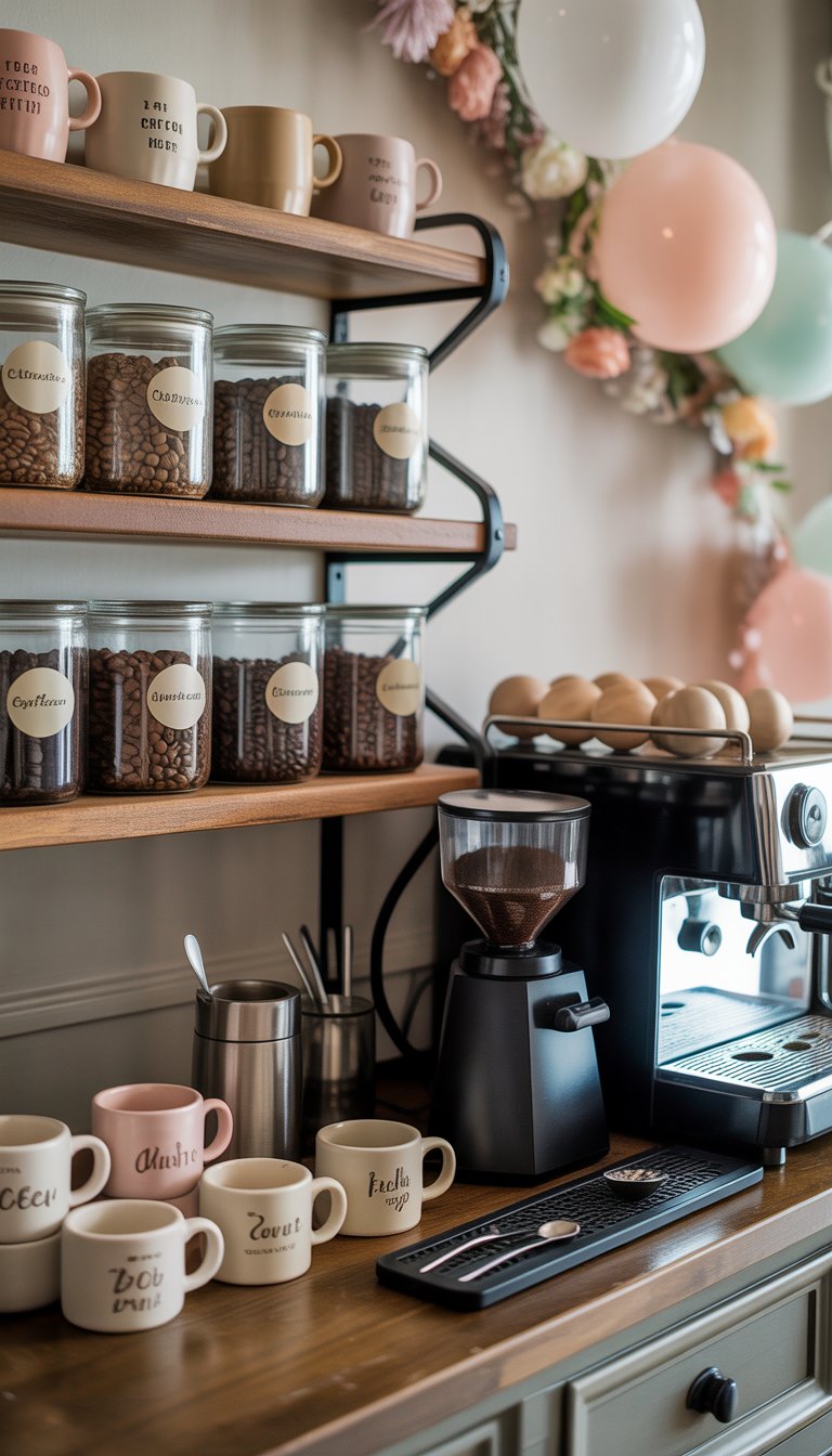 A coffee bar setup with specialty coffee beans in jars, custom mugs on shelves, an espresso machine, and baby shower decorations in the background.