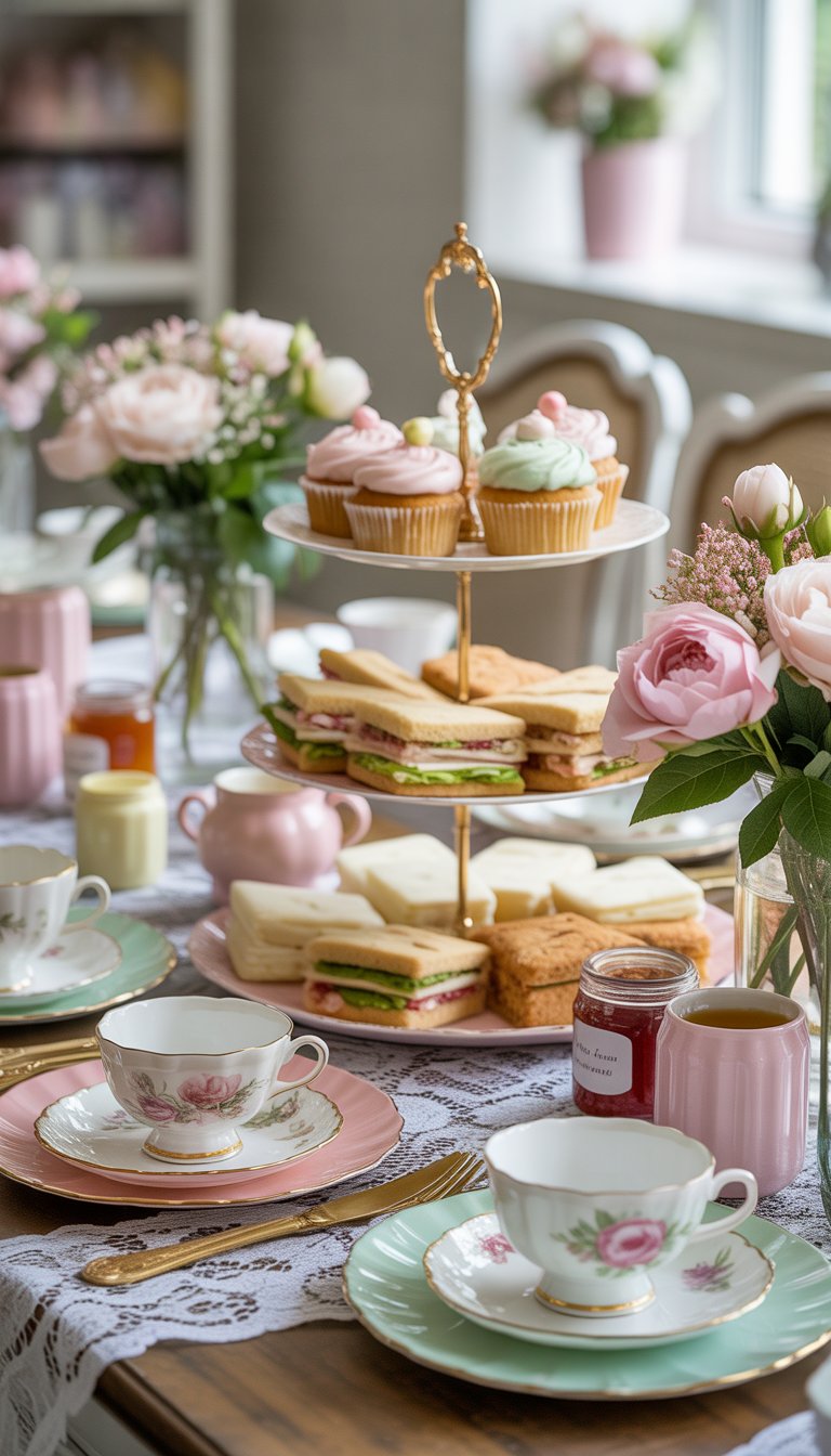 A table set for a baby shower tea party with vintage teacups, saucer plates, pastel flowers, and assorted snacks.