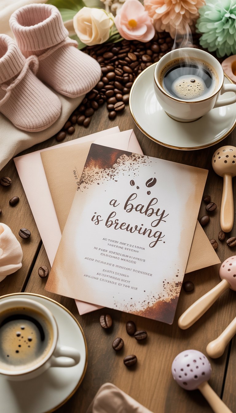 A baby shower scene with invitations featuring coffee stain designs, coffee cups, coffee beans, and pastel baby decorations arranged on a wooden table.
