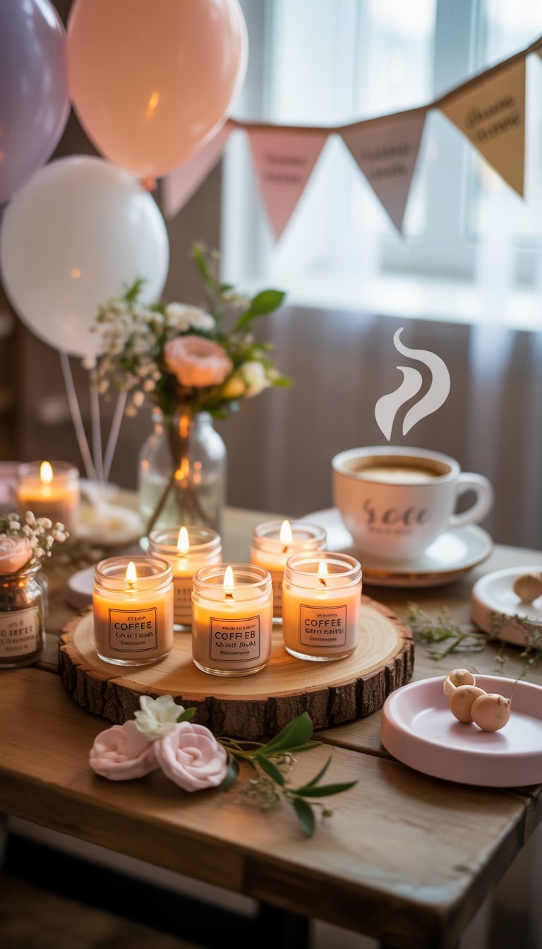 A cozy baby shower table with coffee scented candles, pastel decorations, flowers, and a steaming coffee cup.