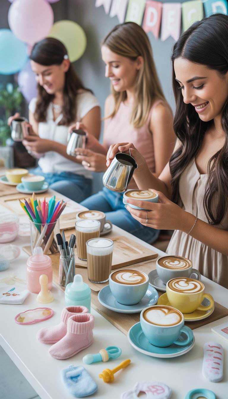 A latte art station decorated with baby shower items and guests making coffee art in pastel colors.