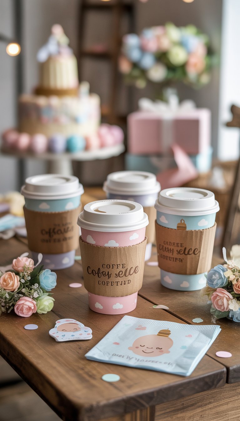 A baby shower table with pastel coffee cups wrapped in baby-themed sleeves, surrounded by floral decorations and party favors.